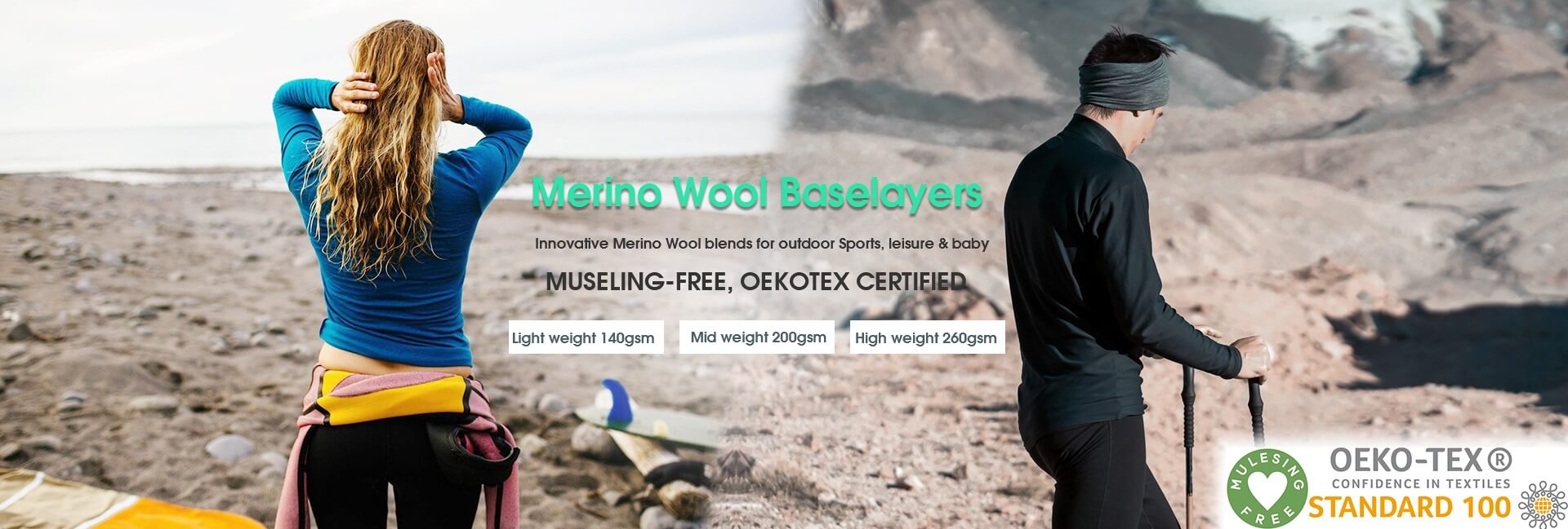 Outdoor models wearing base layers in a company website banner scene